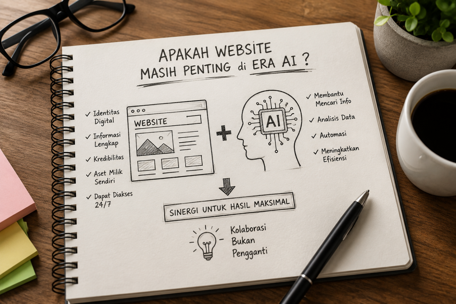 Ilustrasi hubungan antara website dan AI yang saling melengkapi dalam mendukung perkembangan bisnis digital.