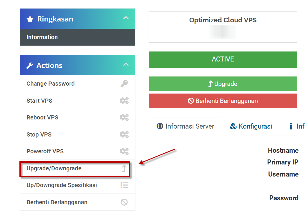 Menu Upgrade Downgrade VPS
