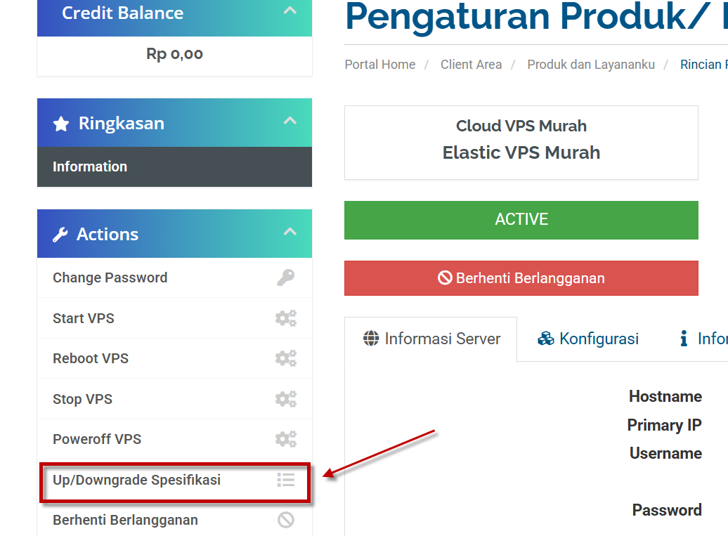 Menu Up Downgrade Spesifikasi VPS